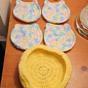 Handcrafted Crochet Coasters & Bowl - Yellow & Pastel Multi